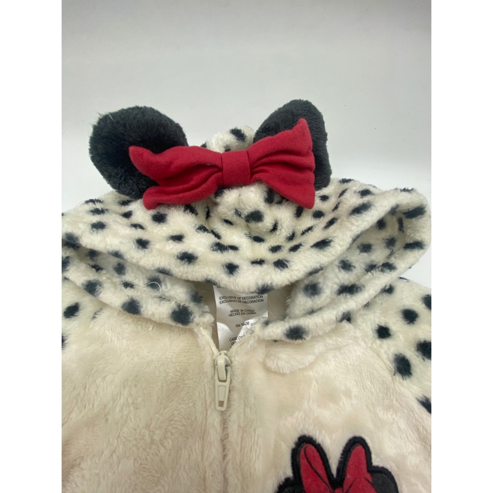 Disney Baby Minnie Mouse Faux Fur Hooded Jumpsuit Polka Dot 3-6M Cream Black - Picture 2 of 10